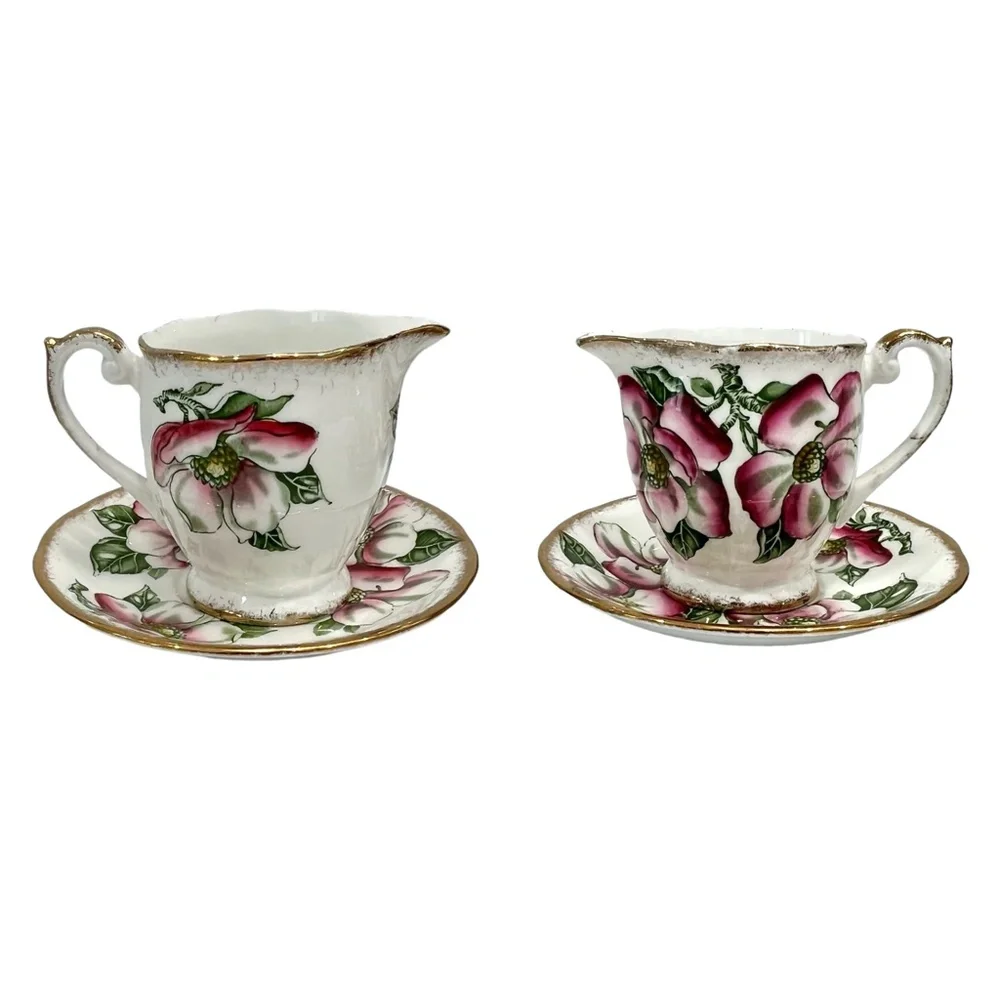 QUEEN ANNE MAGNOLIA BONE CHINA SET OF 5 CUPS & SAUCERS & 1 CREAMER WITH SAUCER